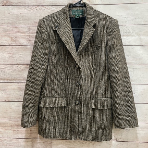 VINTAGE LAUREN RALPH LAUREN TWEED EQUESTRIAN 100% WOOL BLAZER IN HERRINGBONE - Picture 2 of 9